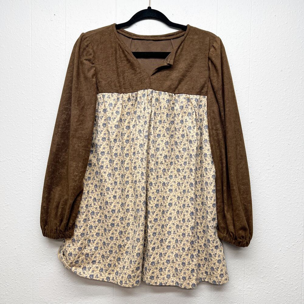 Floral Puff Sleeve Tunic Womens Medium Mixed Media Earthy Boho Y2K Fairy Grunge